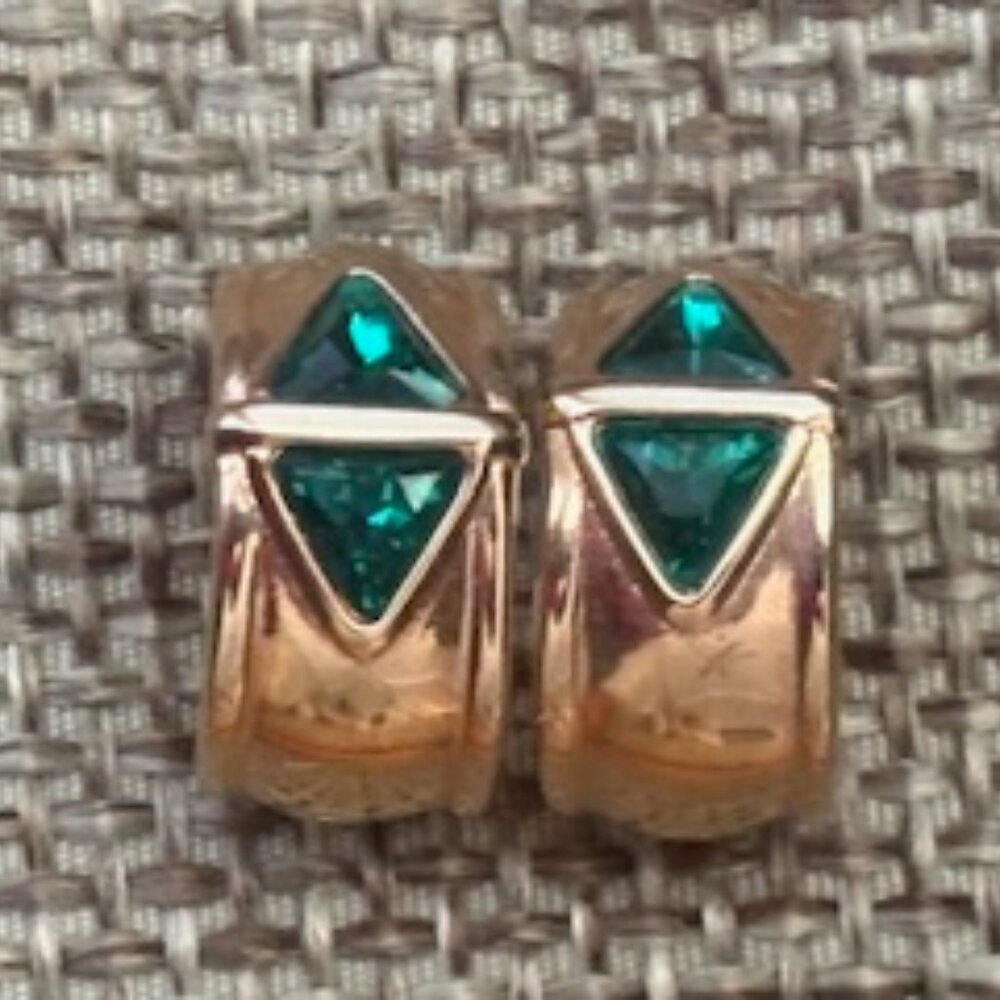 Vintage S.A.L. gold tone pierced earrings-Swarovski green crystals